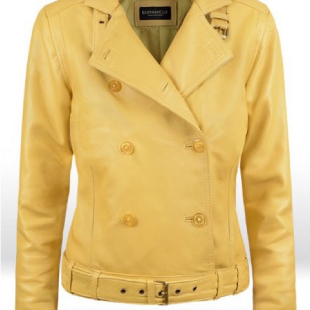 This is a leather cult jacket in the size 30 and color mustard or dark yellow